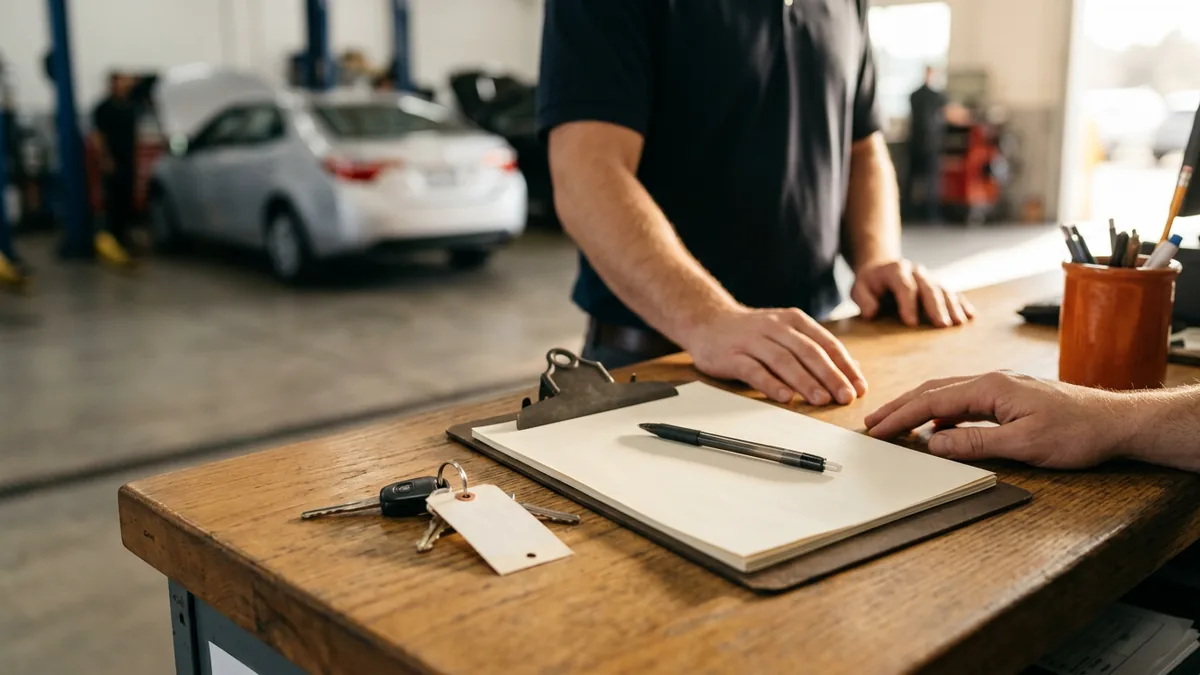 Repair order paperwork, a pen, and customer keys on a dealership service desk, the kind of customer information AI privacy rules protect