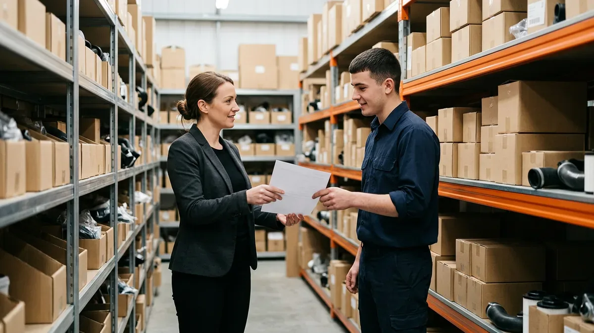Parts manager handing a department copy of the dealership AI use policy to a parts employee between the stockroom shelves