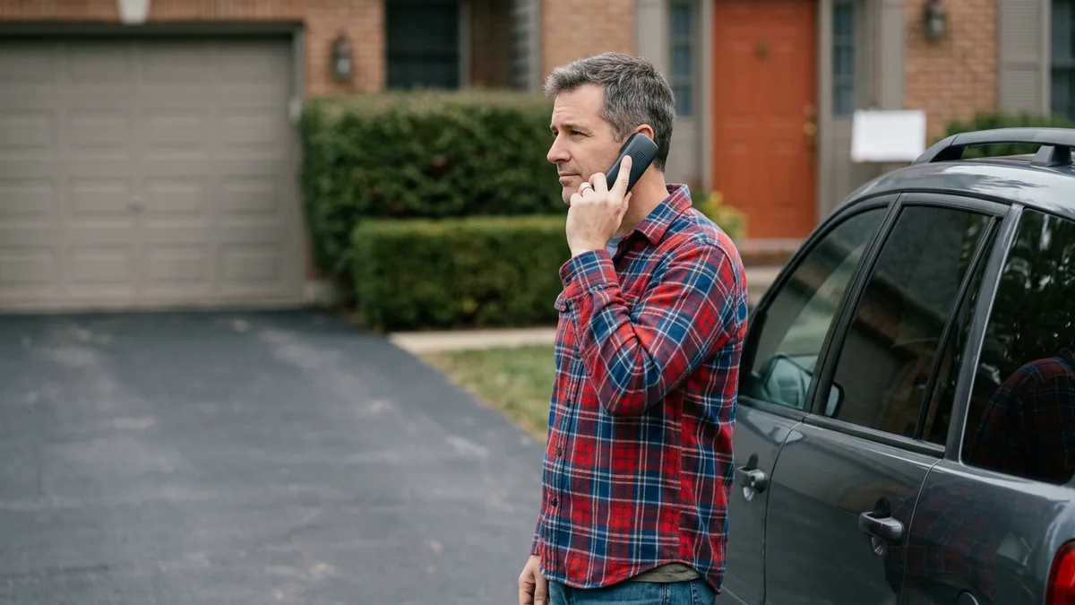 Vehicle owner in his driveway taking a phone call from a dealership service department
