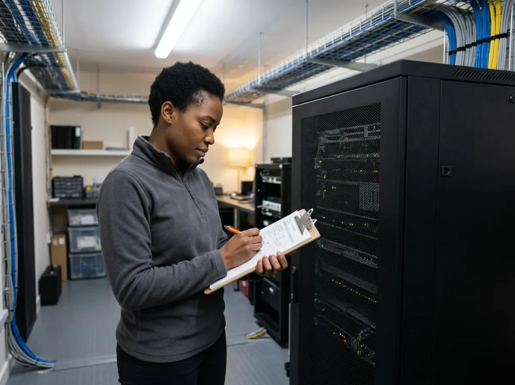 IT engineer ticking a printed backup checklist with an orange pen beside a closed network rack in a dealership server room