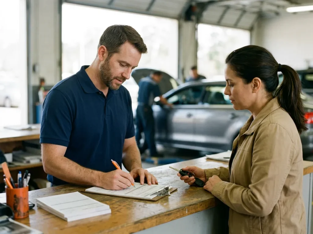 Service advisor writing a repair order by hand on a paper form at the service drive counter while a customer waits with her car key