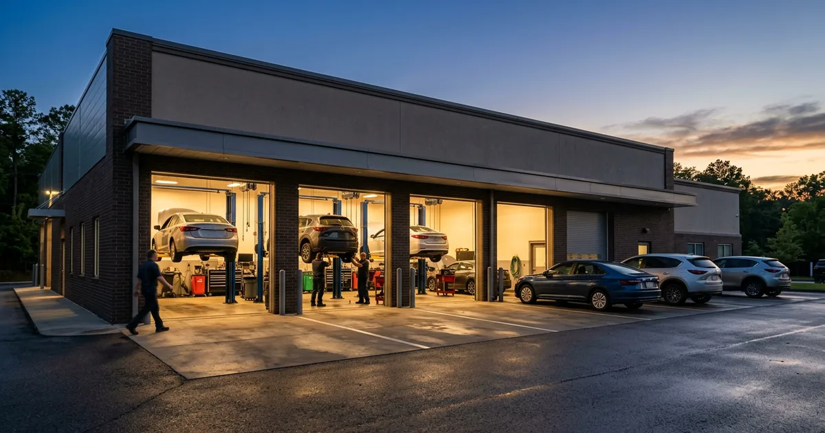 Car dealership service building at dawn with the bay doors open and lit and cars parked in the drive lane