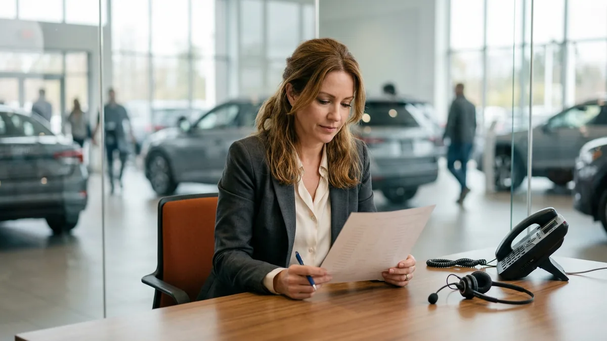 Dealership BDC manager checking a printed customer call list for consent before an AI voice calling campaign
