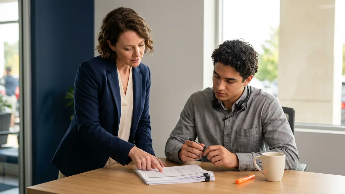 BDC director and BDC representative checking a printed call log against CRM records at a dealership desk