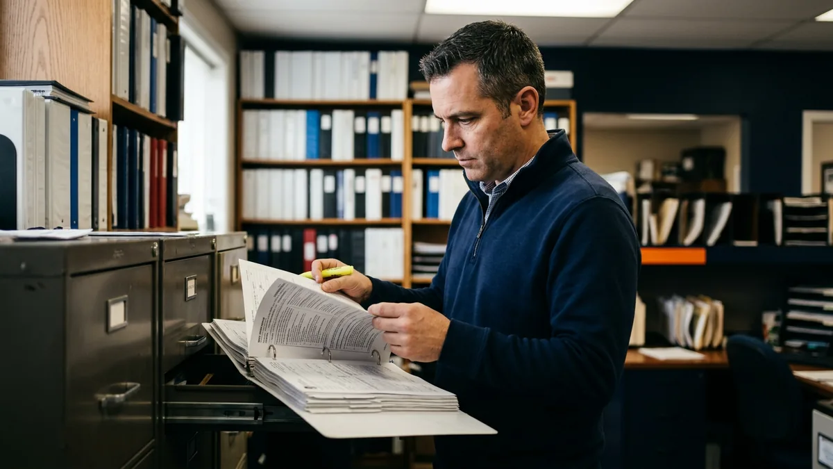 Dealership BDC manager reviewing printed customer consent records in a binder