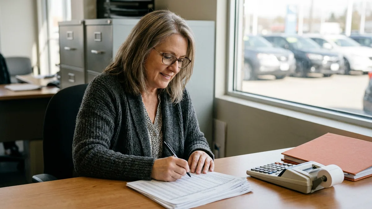 Dealership business office manager working through printed spreadsheets with a calculator, a good first place for governed AI