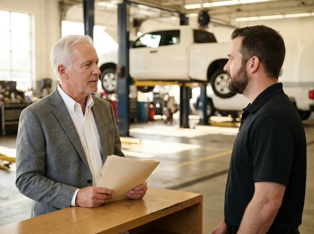 Dealership CFO holding a folder and talking with a service manager at the service counter, with a pickup on a lift in the bay behind them