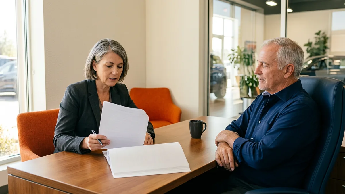 Dealership CFO reading a printed AI software license agreement while the dealer principal listens across the desk