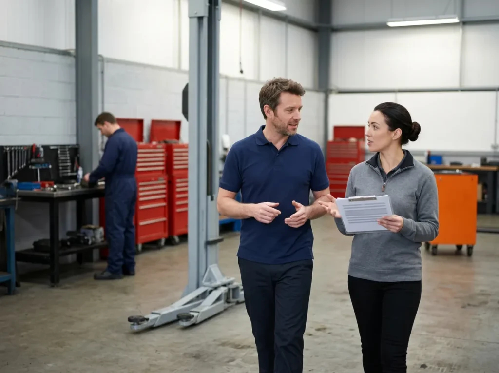 Dealership IT manager and an IT engineer with a clipboard talking as they walk through the service shop