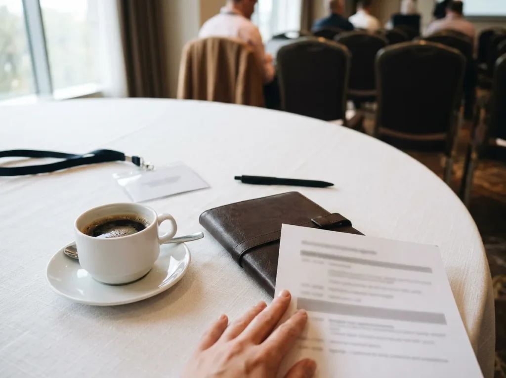 Printed session agenda, blank name badge, pen and coffee on a white banquet table at a dealership industry conference