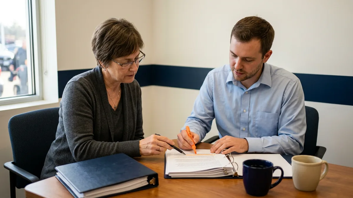 Dealership controller and IT manager reviewing a printed list of system access permissions with a highlighter