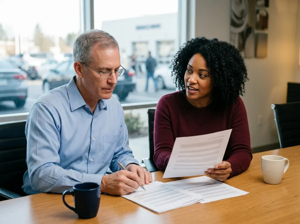Dealership controller and IT manager reviewing a printed security report at a conference table above the service drive