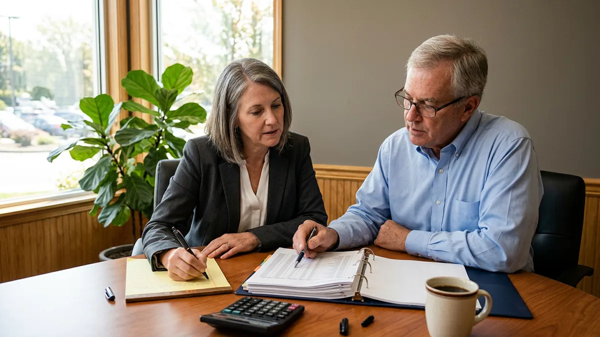 Dealership controller and outside accountant reviewing a printed multi-year technology budget in a binder at a conference table