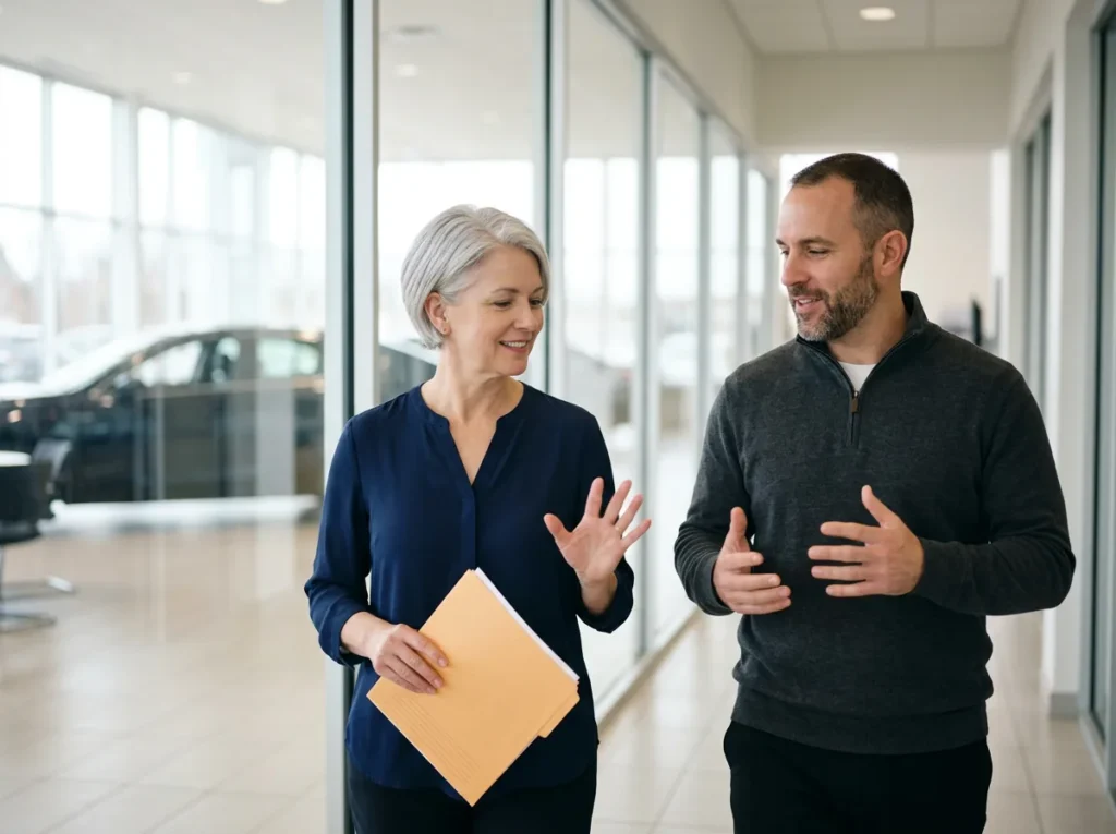 Dealership controller and cybersecurity advisor talking as they walk along a hallway beside the showroom