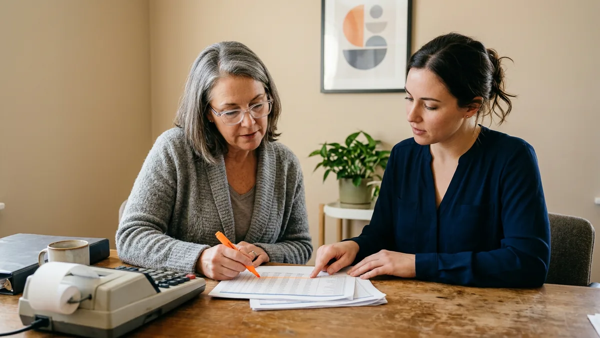 Dealership controller and office manager reconciling printed payment records with a highlighter and an adding machine