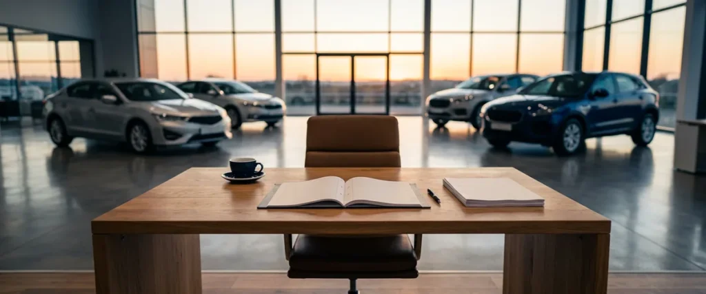 Paper desk log, pen and printed lead sheets on an empty dealership sales desk at sunrise