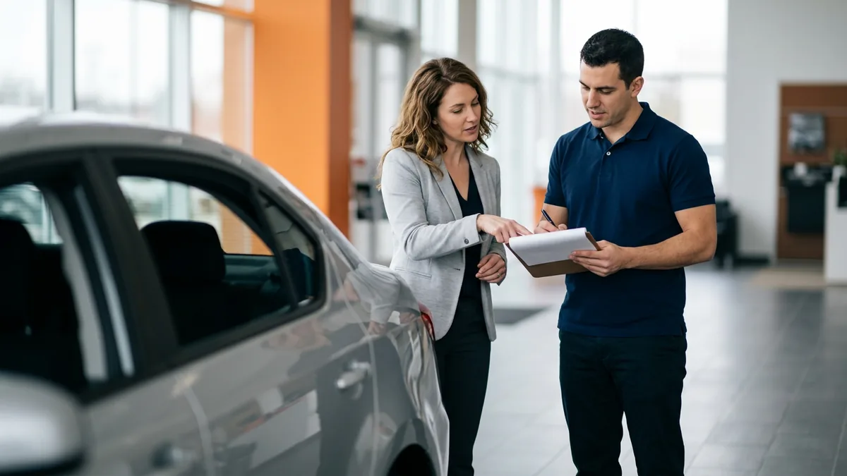 Trainer coaching a car salesperson who is writing on a clipboard on a dealership showroom floor