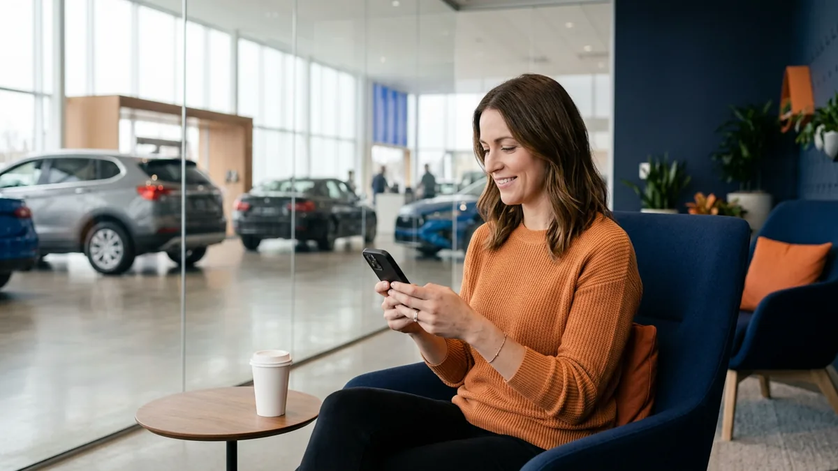 Dealership customer in an orange sweater reading a follow-up text message in the showroom lounge