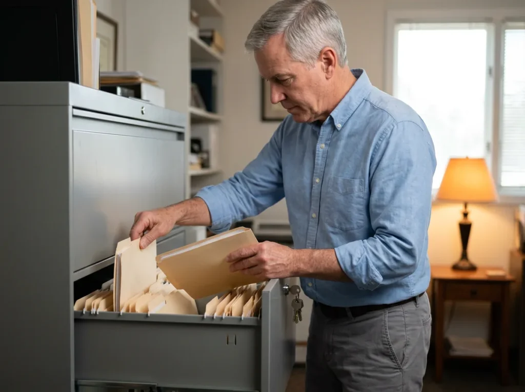 Dealership office manager placing a customer deal jacket into a locking steel file cabinet in the back office, with the keys hanging from the lock