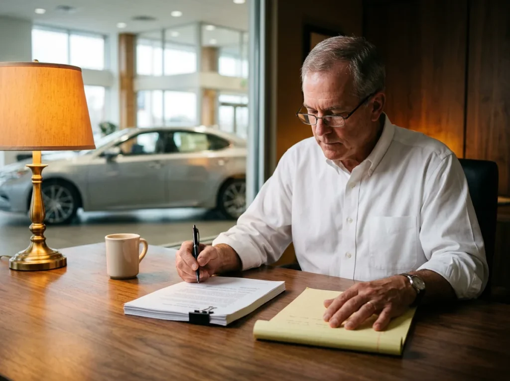 Dealer principal reading a printed IT vendor proposal at his desk, pen in hand, with a car showroom visible through the office window behind him