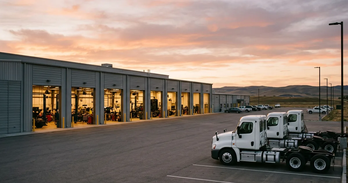 Heavy truck dealership service building at sunset with open bays lit inside and three white semi tractors parked in front