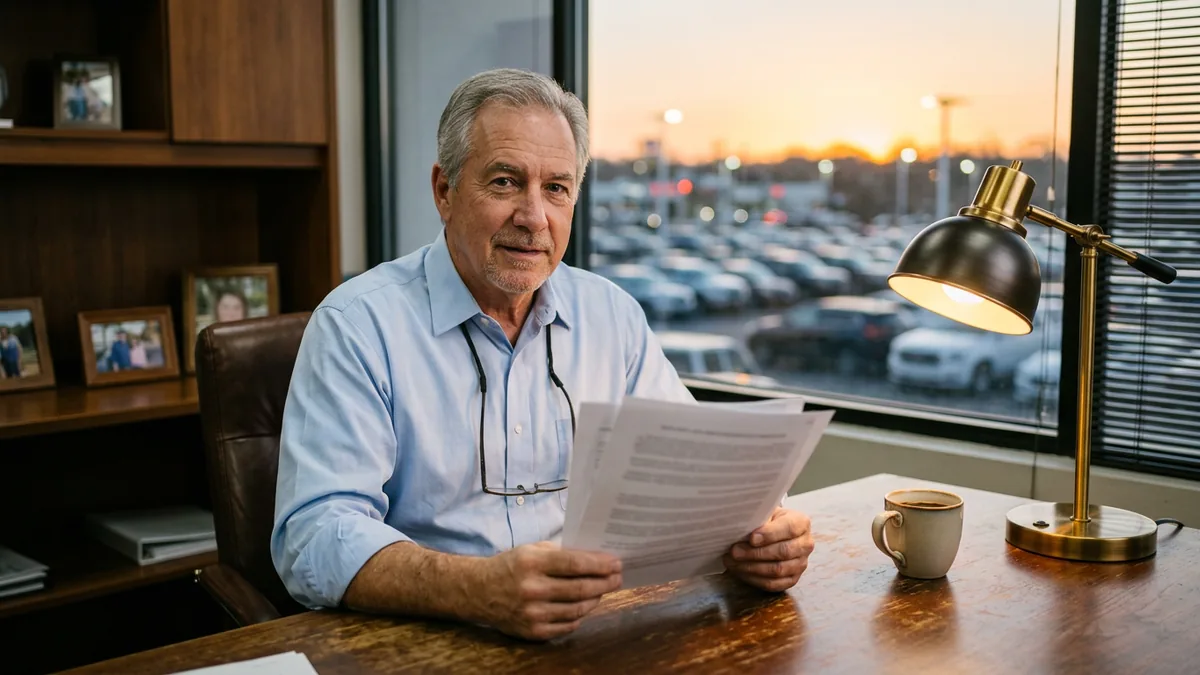 Dealer principal reading a printed monthly dealership cybersecurity news briefing at his desk with coffee, the car lot visible through the window