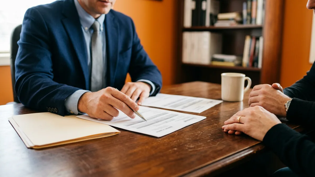 Dealership finance manager pointing out a payment warning line on a printed buyer's order to a customer, a simple defense against payment-redirect scams in the cybersecurity news