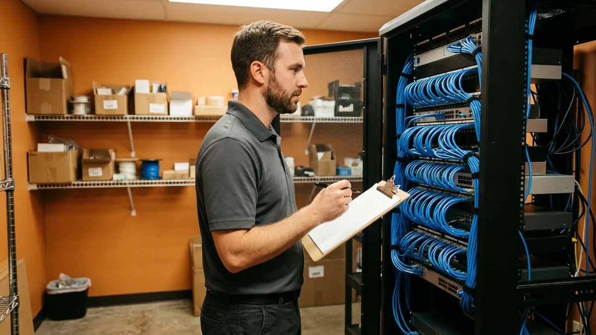 Dealership IT manager checking the remote-access equipment in a network closet with a clipboard, the kind of check this month's dealership cybersecurity news calls for