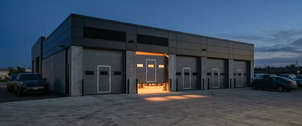 Car dealership service building at dusk with one service bay door half open and warm light on the concrete, illustrating this month's dealership cybersecurity news about vendor access