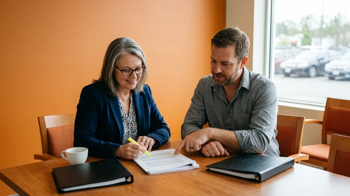 Dealership general manager and IT consultant reviewing a printed list of vendor remote-support tools, a check prompted by September's dealer software incident