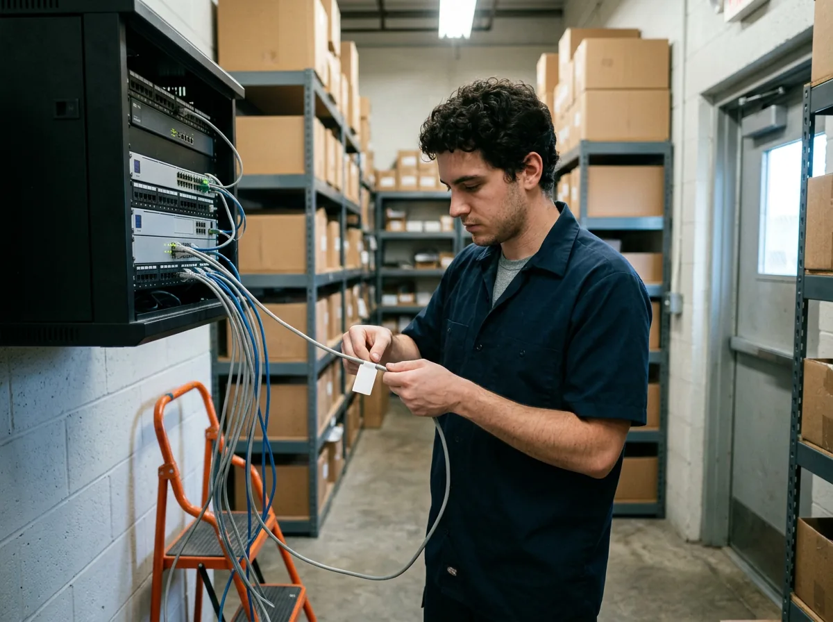IT field technician labeling a network cable at a wall-mounted network cabinet in a car dealership parts room
