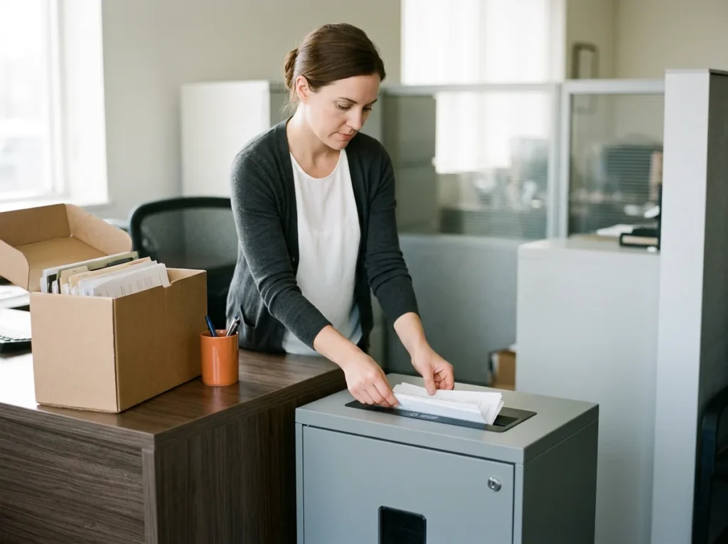 Dealership finance manager feeding old paper files into a locked shredding console beside her desk, with an archive box of folders waiting