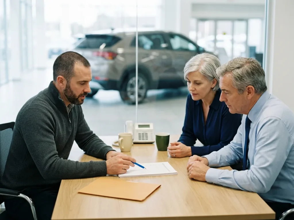 Cybersecurity advisor walking a dealership controller and general manager through a printed email security review in a meeting room off the showroom