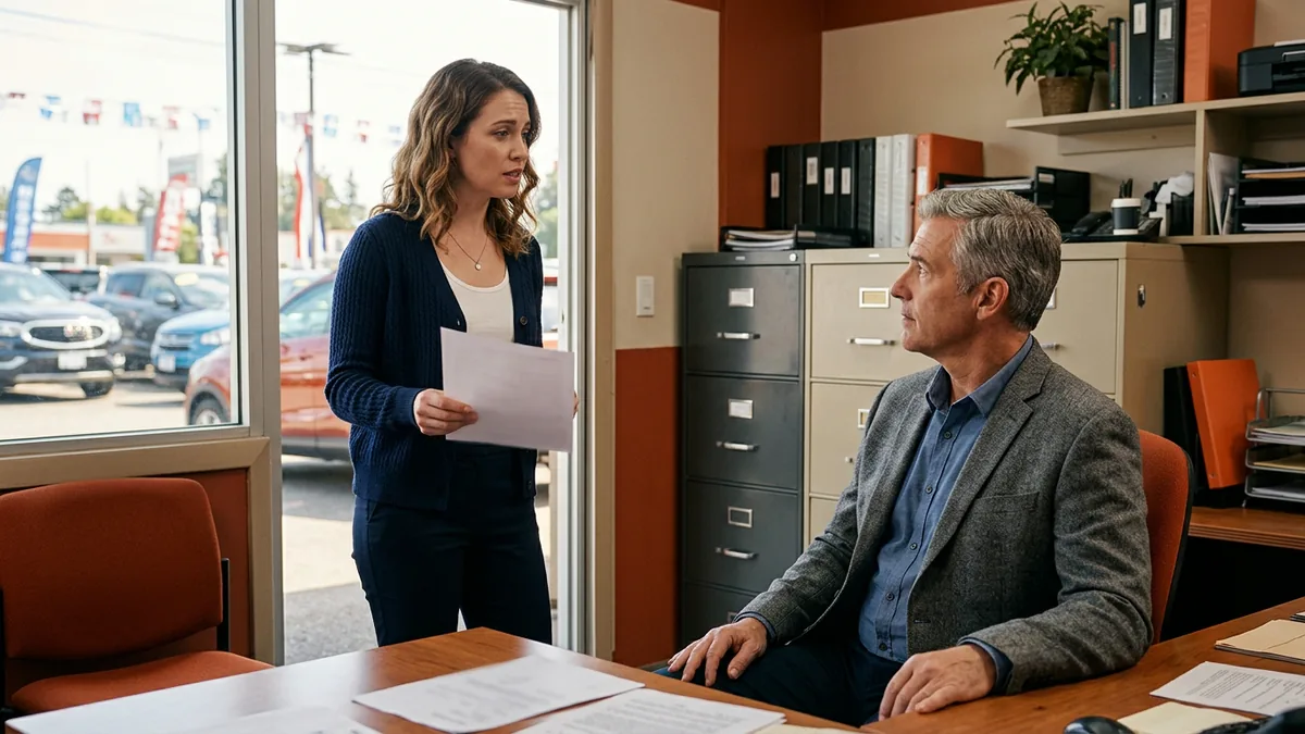 Dealership office employee reporting a possible data security problem to the general manager, the moment the 30-day FTC breach notification clock starts