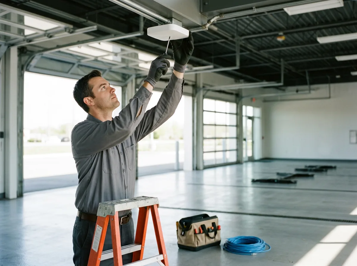 Field IT technician mounting a wireless access point to the ceiling of a car dealership service drive