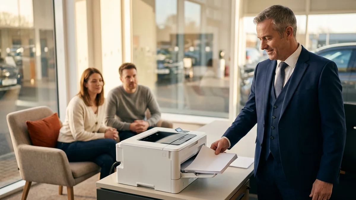 Dealership finance manager collecting a printed contract from the office printer while customers wait to sign