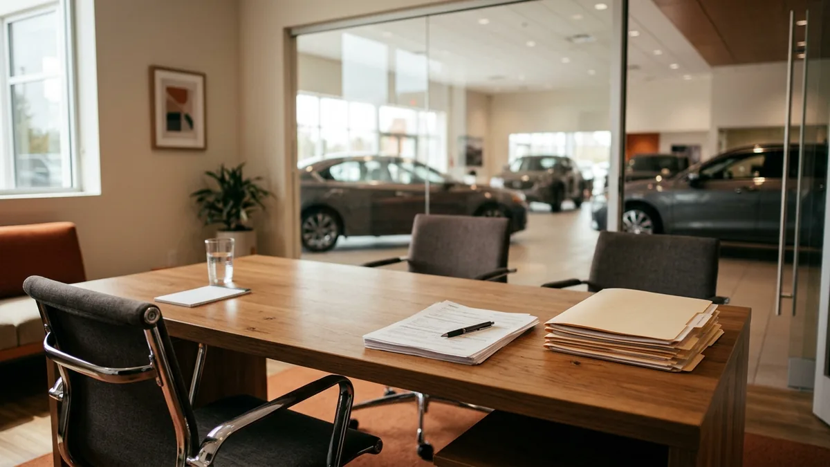 Car dealership finance office desk with deal jackets and printed credit applications, the customer information covered by the FTC Safeguards Rule notification requirement