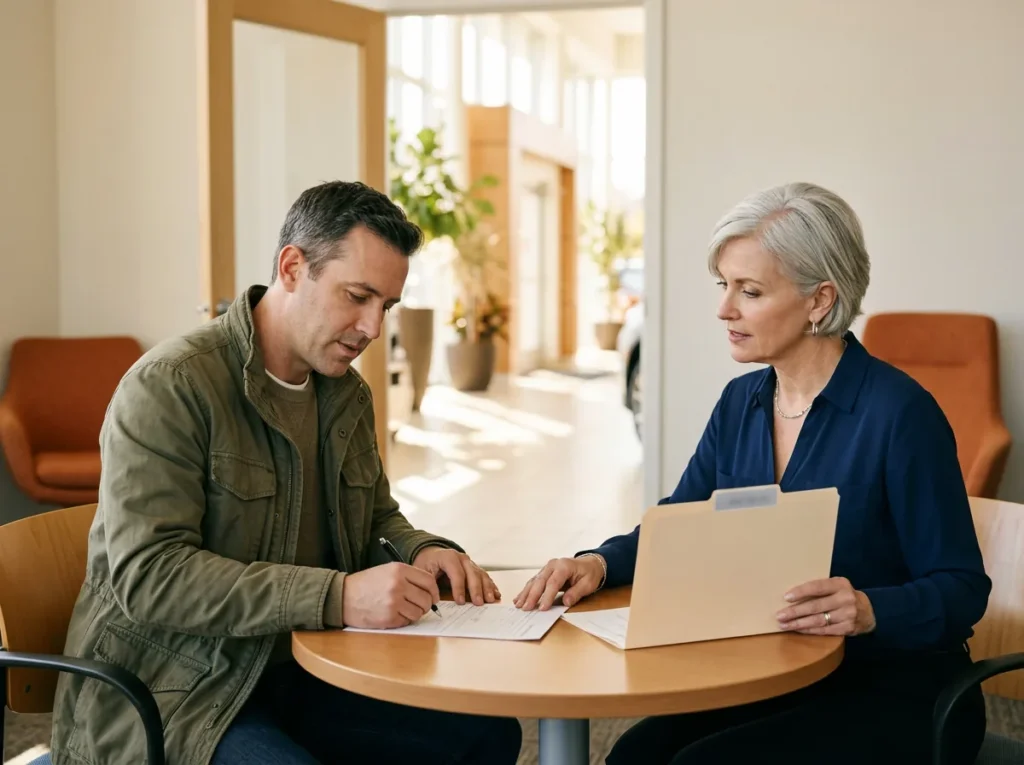 Customer signing a paper form at a round table in a car dealership finance office while a finance manager holds a folder beside him
