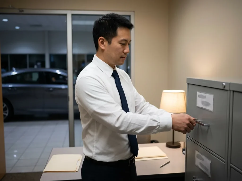 Dealership finance manager locking a metal filing cabinet in the F&I office at the end of the day, with the dim showroom visible through the glass door