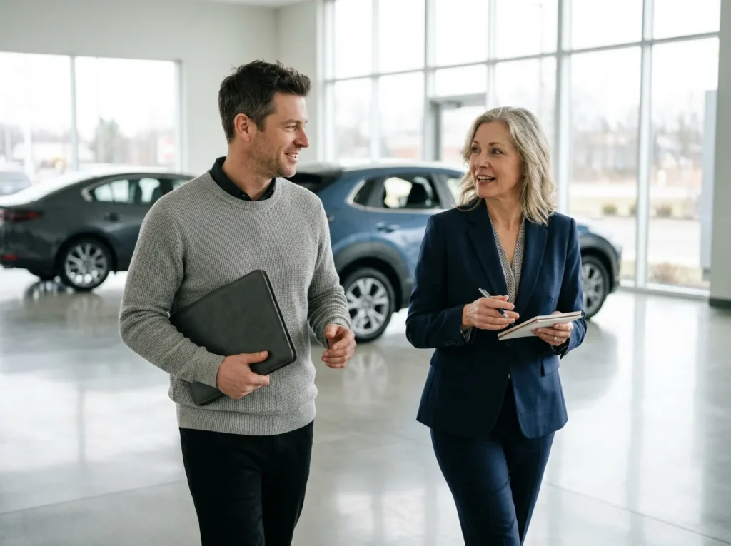 Technology advisor and dealership general manager talking as they walk across a bright showroom