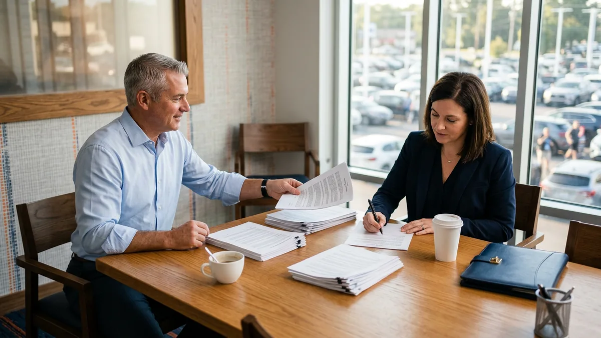 General manager and BDC director sorting printed phone, CRM, and network vendor contracts at a conference table