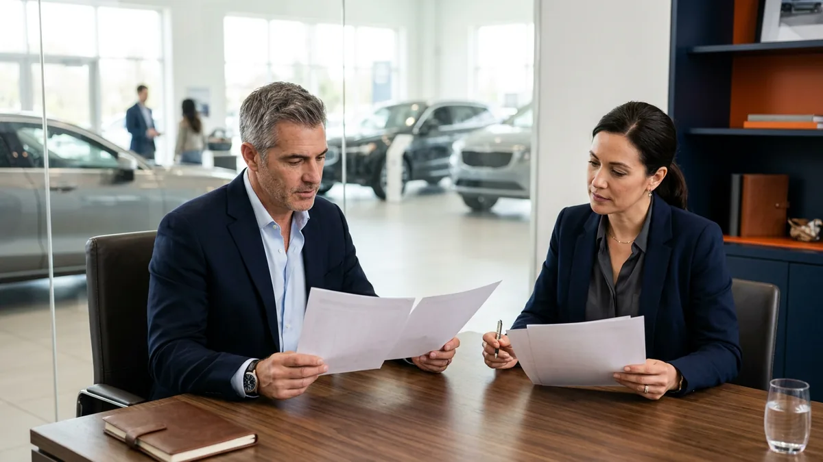 Dealer principal and controller reviewing a printed monthly help desk metrics report in a dealership office