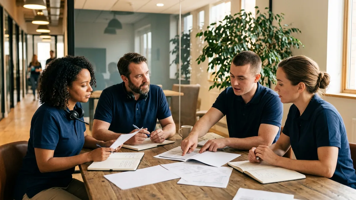 IT service desk technicians with headsets reviewing printed notes on a repeat ticket together to find its cause for a dealership