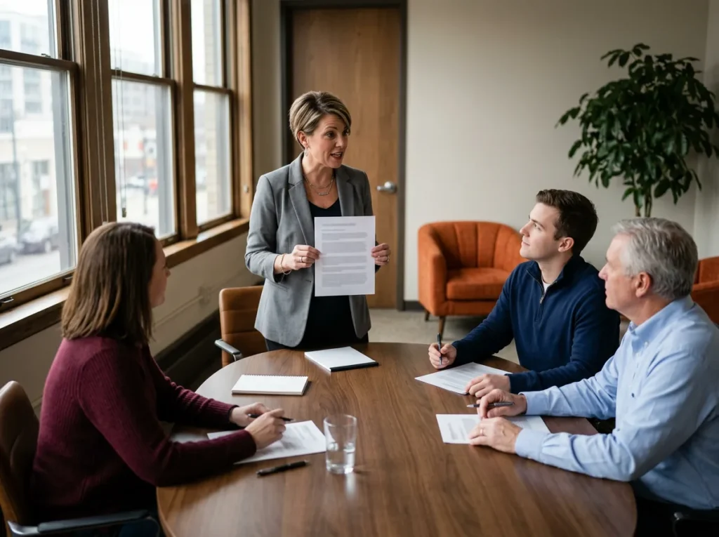 Four dealership managers running a tabletop incident response drill around a conference table, one standing with a printed page while the others take notes