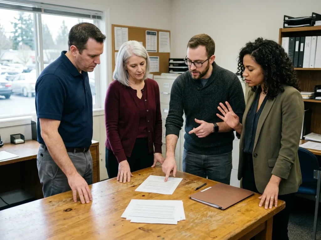 IT engineer pointing at a printed page while a service manager, controller and operations director lean over a back office table
