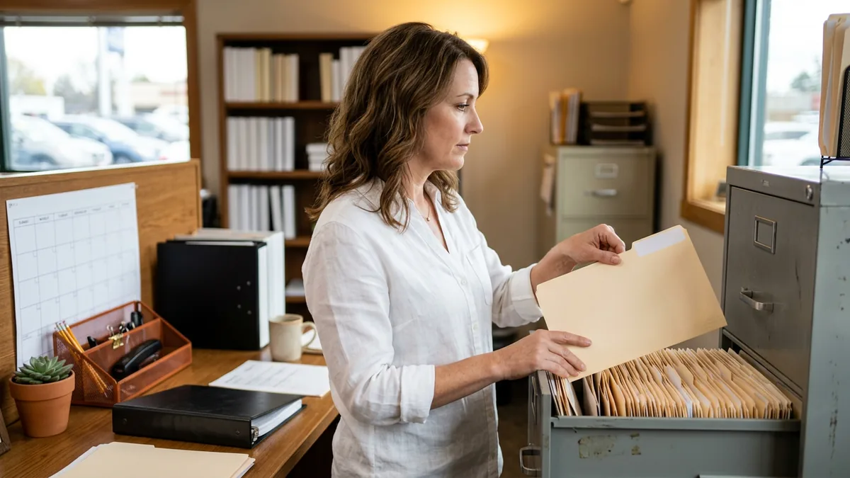 Dealership office manager filing audit evidence folders in a cabinet, the upkeep an ISO 27001 certificate or TISAX label needs after it is issued