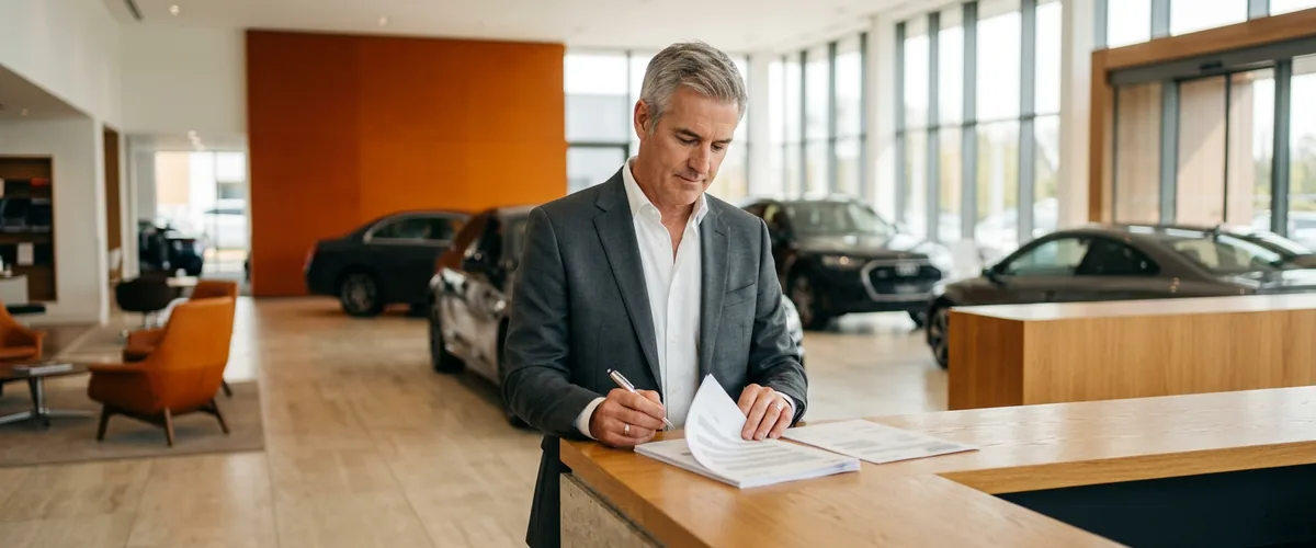 Dealer principal reviewing printed IT budget line items at a counter in a car dealership showroom while planning for 2027