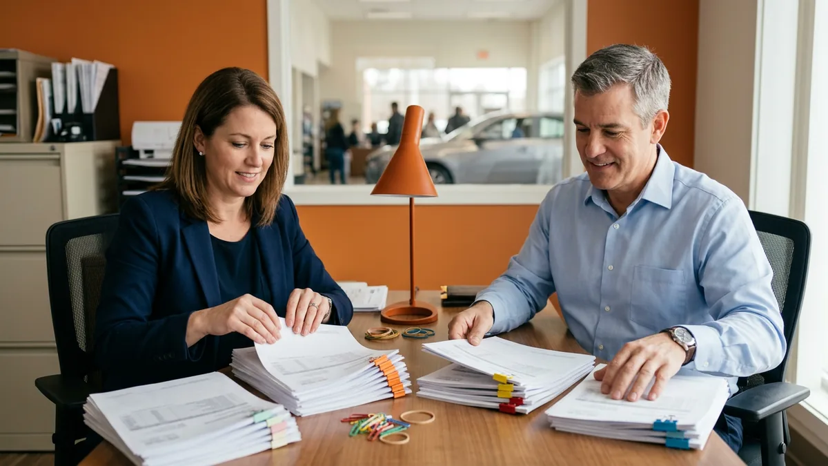 Dealership controller and general manager sorting a stack of printed technology invoices into piles while building an IT budget