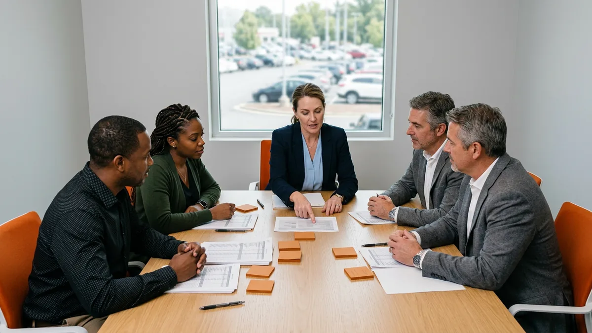 Dealership managers around a conference table working through printed line items to build a 2027 dealership IT budget