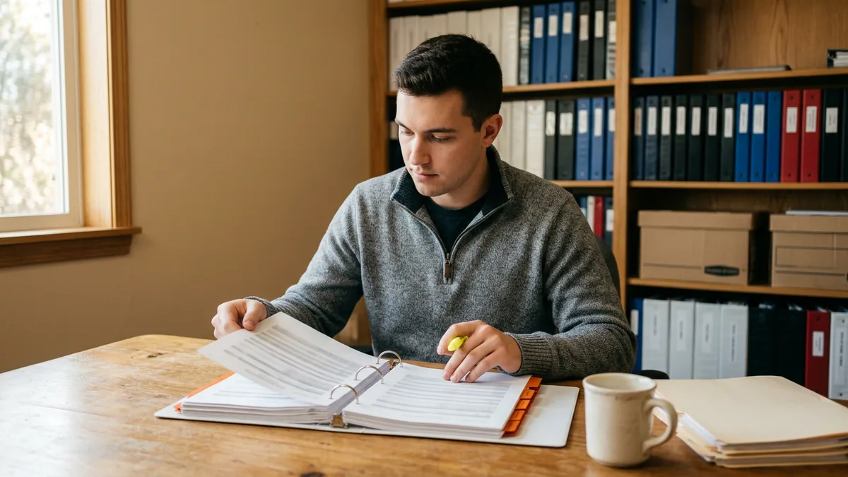 Dealership accounting clerk reviewing a binder of software and license renewal notices with tabbed sections for an IT budget checklist
